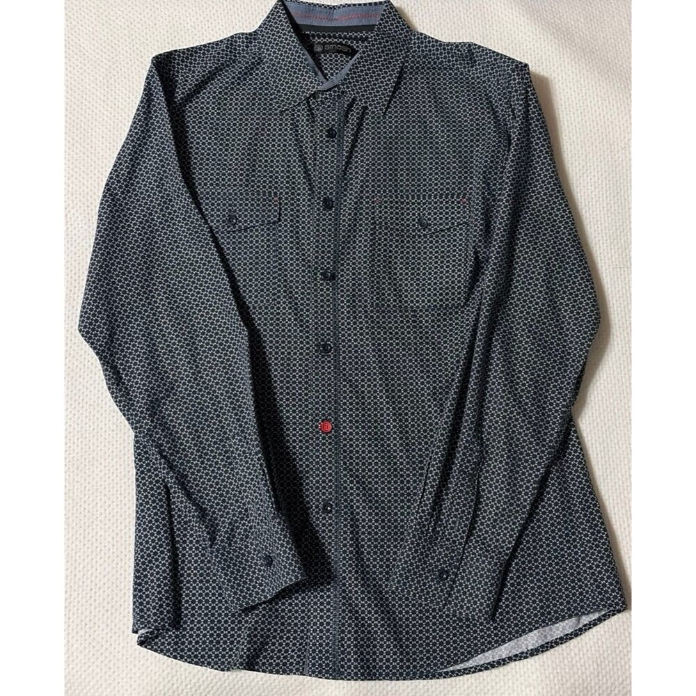 Smash Men’s Geometric Print Button-Up Shirt Size Large Long Sleeve Navy Gray